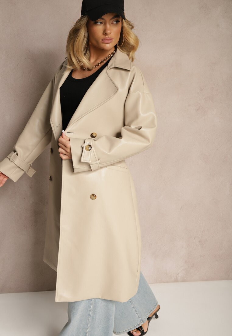 Palton Bej deschis Dublu rând Din piele ecologică Cu cordon Dyrine