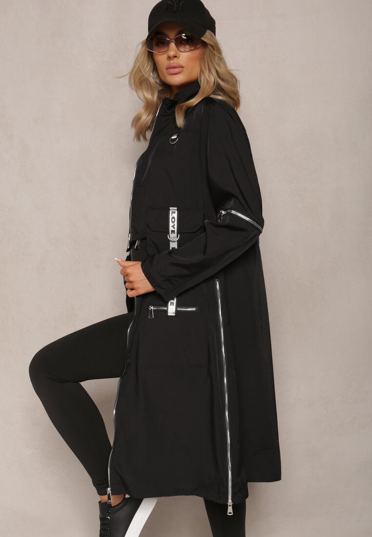 Palton Negru cu Lungime Reglabilă și Inserții Decorative Nainika