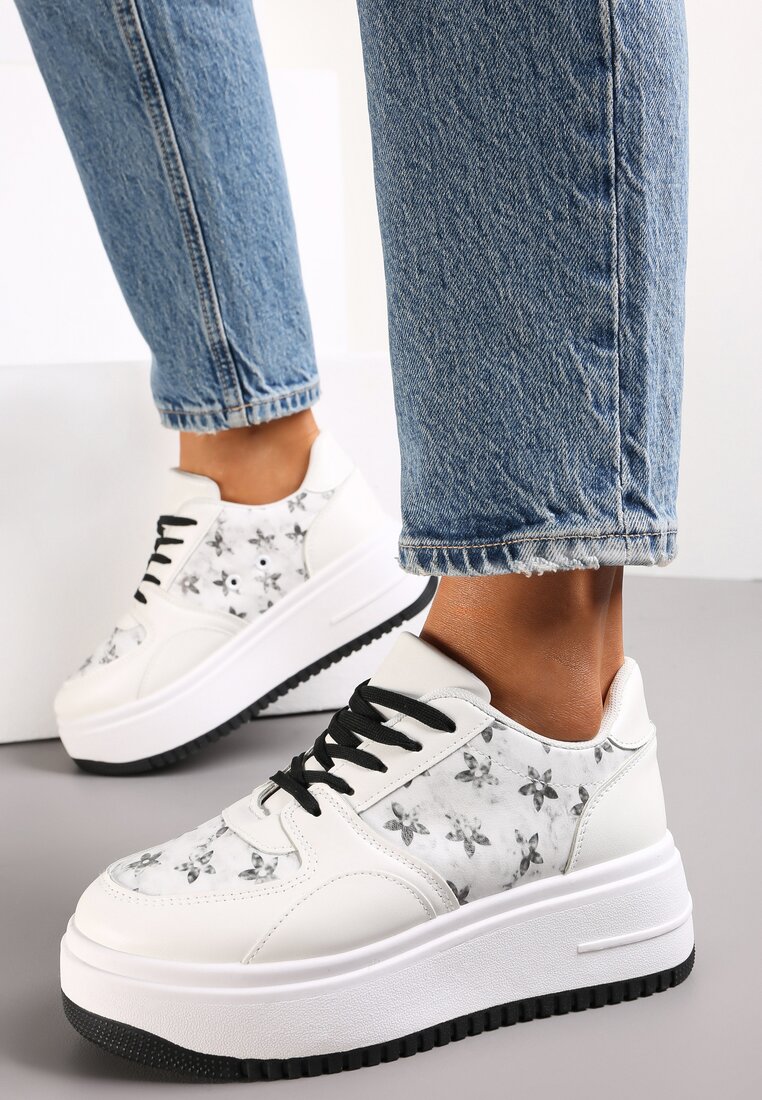 Sneakerși Alb-Negru cu Platformă cu Imprimeu Floral Chedora