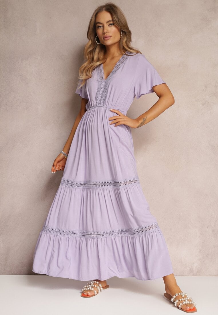 Rochie Lungă Violet Decorată cu Inserții din Dantelă și Elastic în Talie Nasma