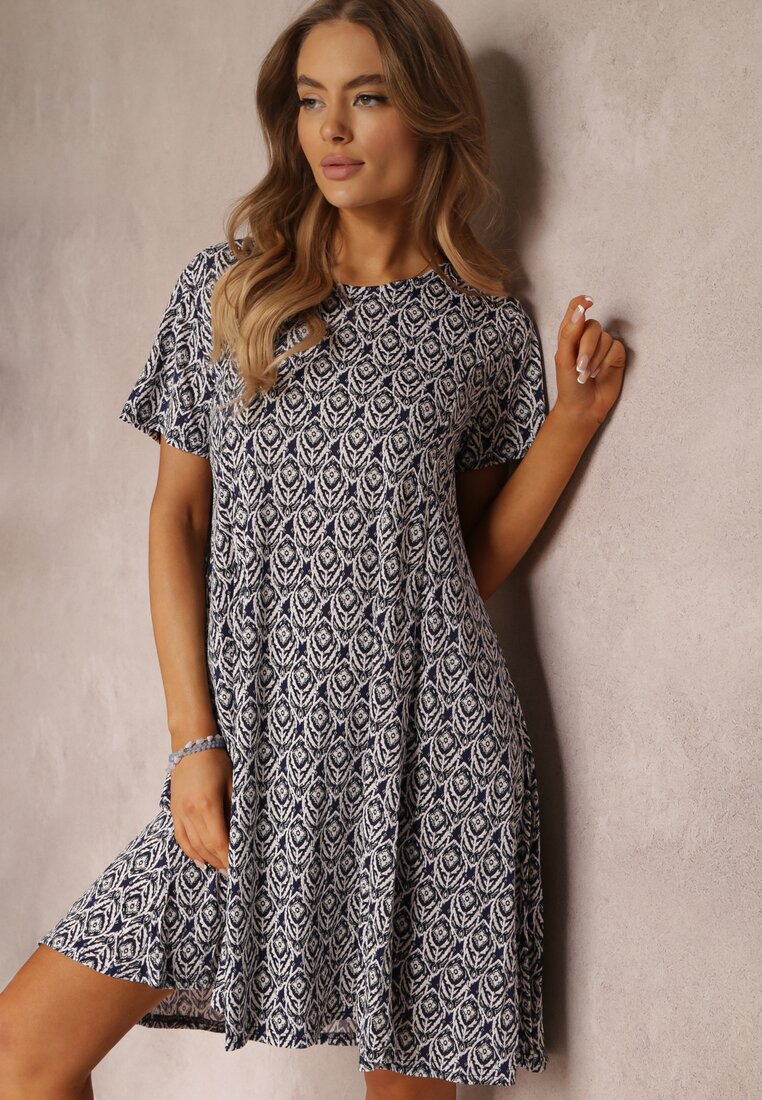 Rochie Mini Bleumarin cu Mâneci Scurte și Imprimeu Floral Cassatha