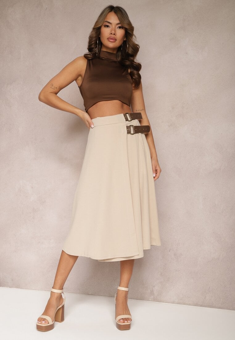 Fustă evazată midi evazată bej deschis cu elastic în talie și curele din imitație de piele Helemisia