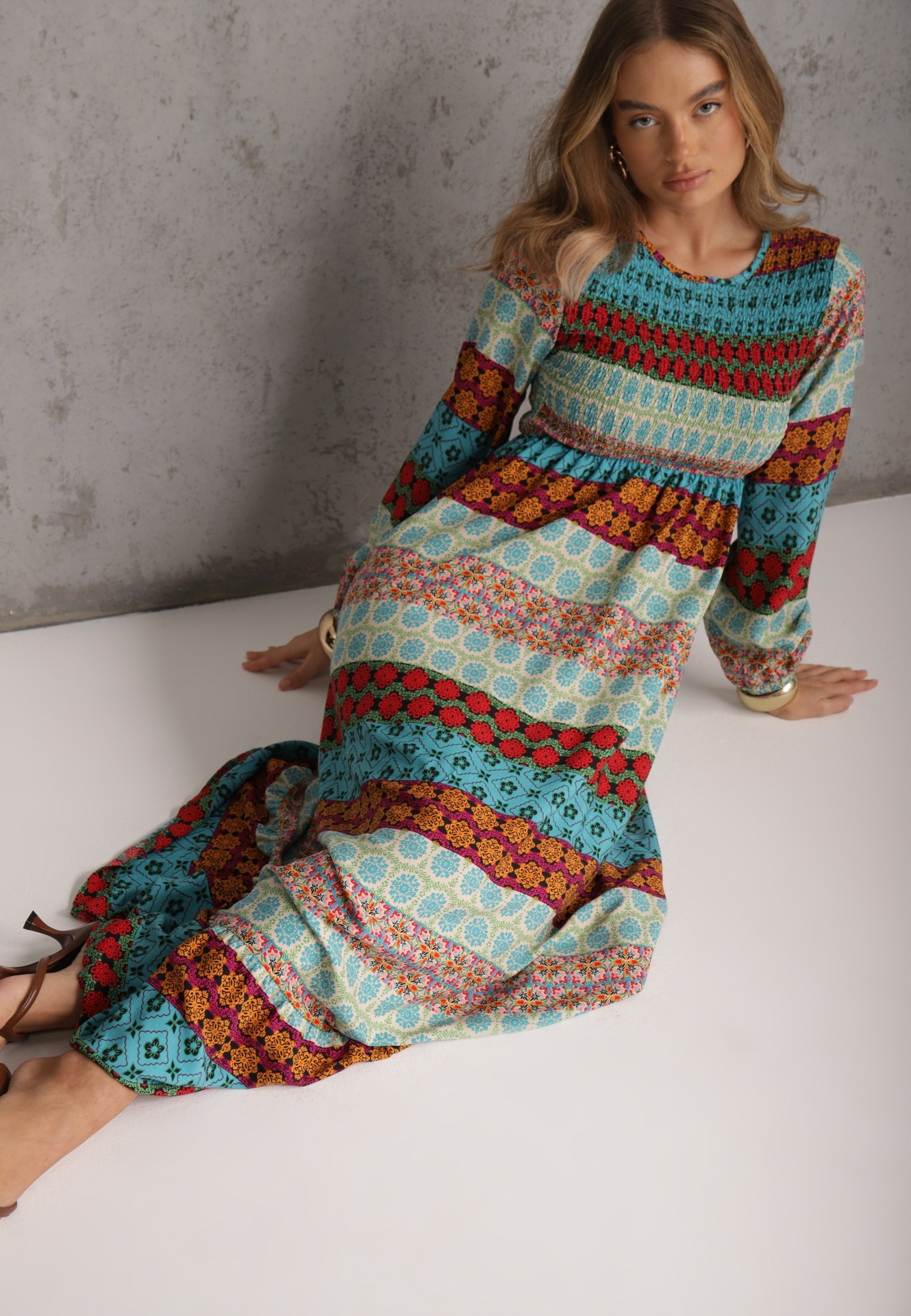 Rochie Maxi Cloche Albastru-Roșu cu Volan la Tivi Angon