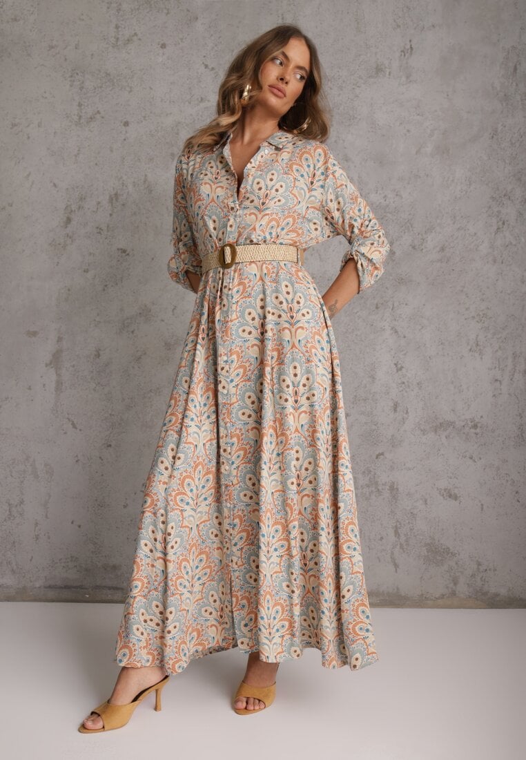 Rochie tip Cămașă Albastru Deschis cu Cordon Suplimentar și Mâneci Suflecate Alonie