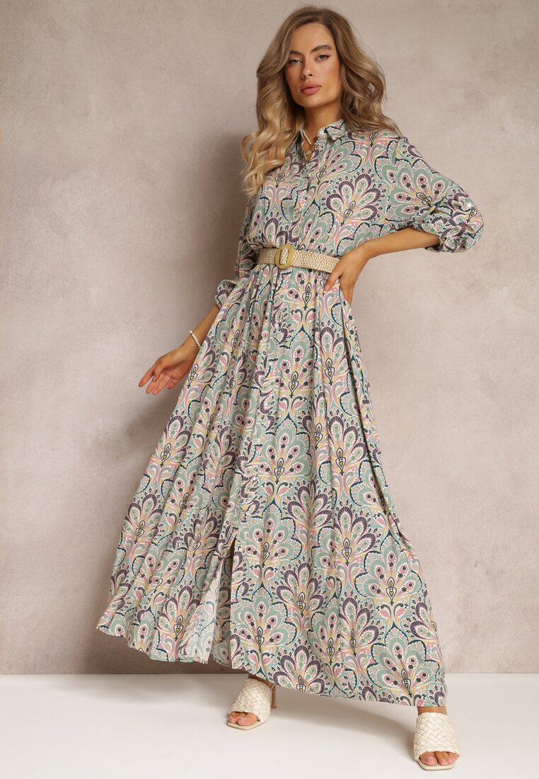 Rochie tip cămașă Roz-mentă cu curea suplimentară și mâneci rulate Alonie