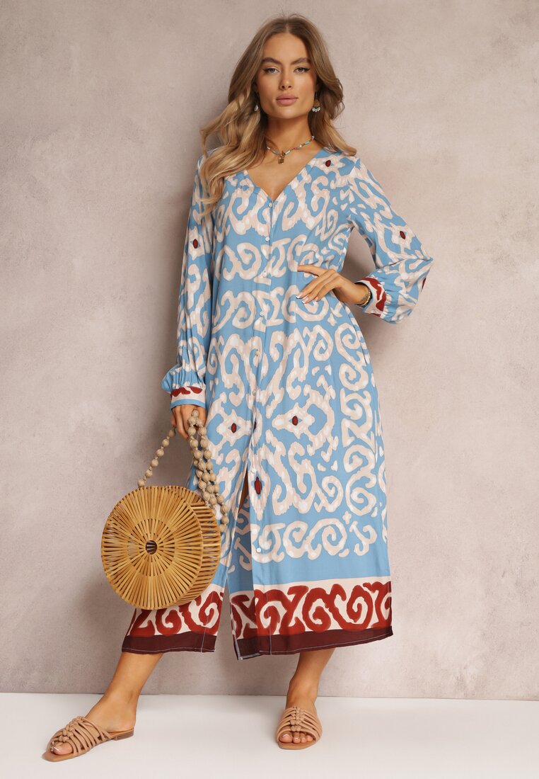 Rochie Maxi Albastră cu fente și buzunare înserate dimineața