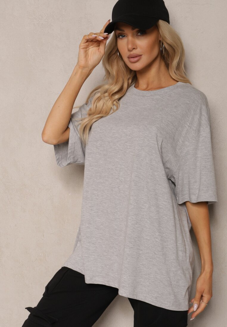 Szary Bawełniany T-shirt Oversize Thenika - Renee