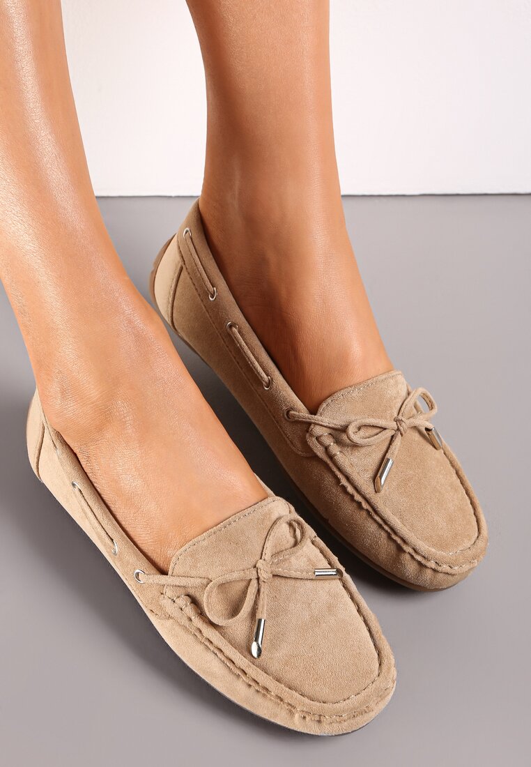 Mocasini Bej închis cu față până la gleznă cu cusături și fundiță decorativă Yaledia