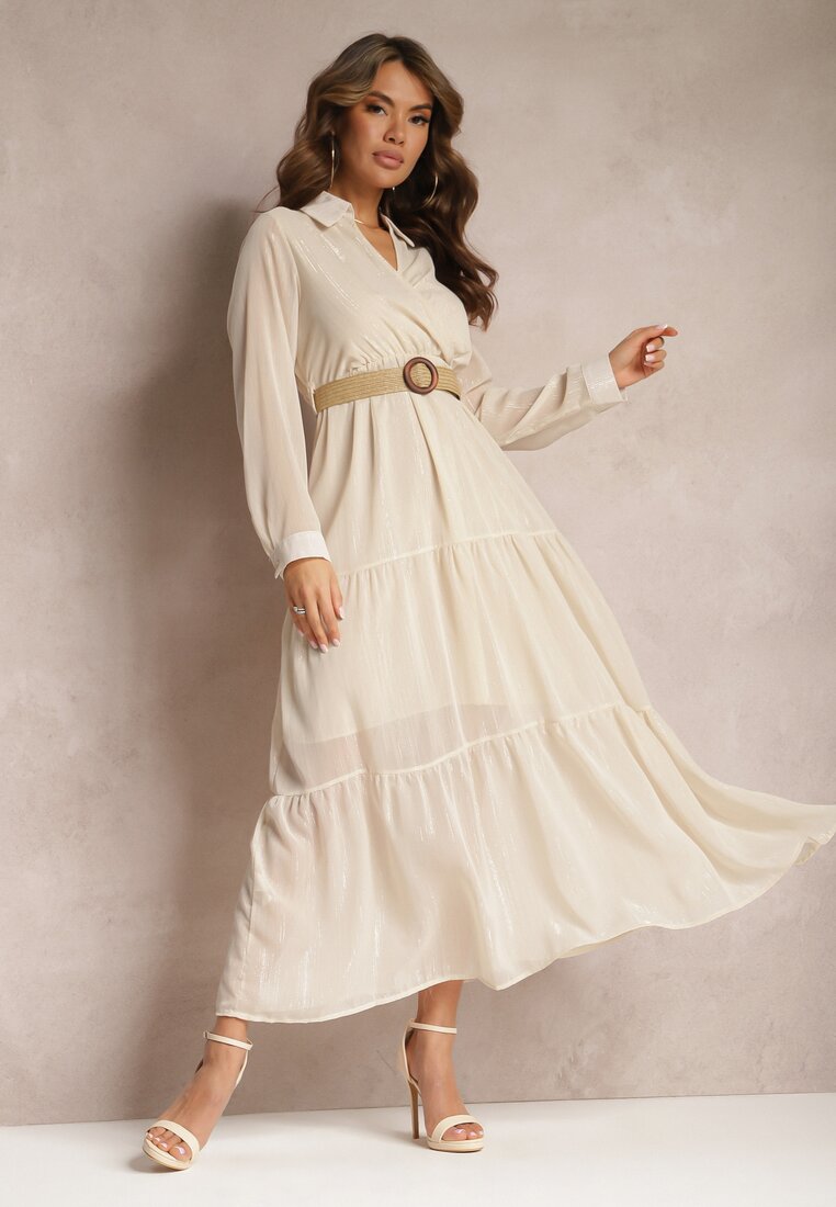 Rochie bej deschis cu Decolteu în plic și Curea împletită Velo