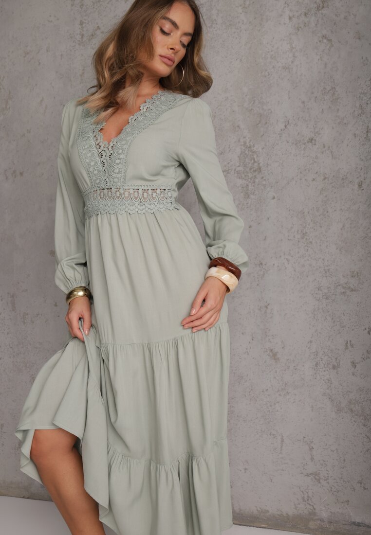 Rochie Verde Evazată cu Volan și Dantelă Kiaya