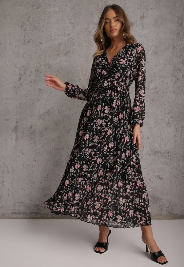 Rochie Neagră cu Decolteu petrecut și Tiv plisat Narelline