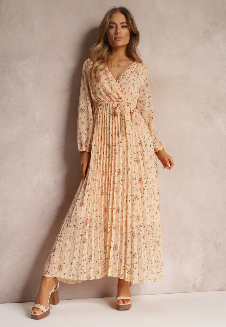 Rochie portocalie deschisă cu decolteu petrecut și tiv plisat Narelline