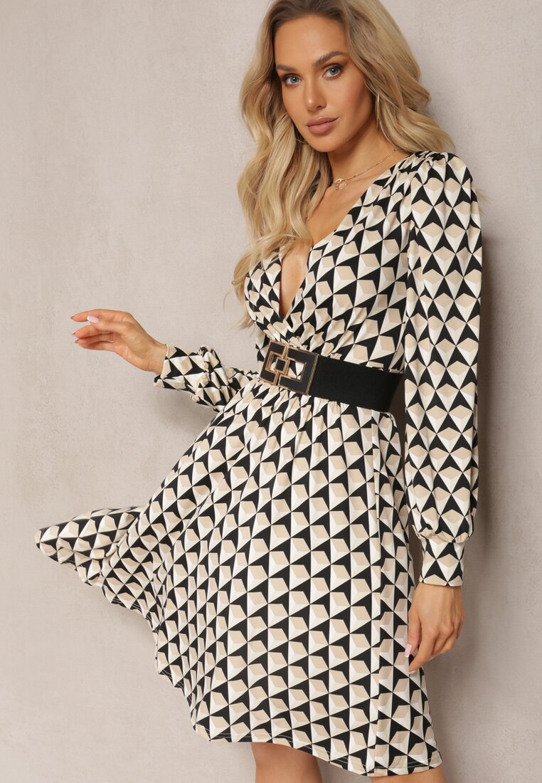 Rochie Bejă Mini cu Model Geometric cu Mânecă Lungă Ezrie