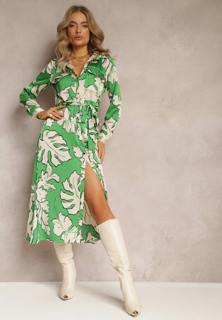 Rochie tip cămașă Verde cu centură legată Rume