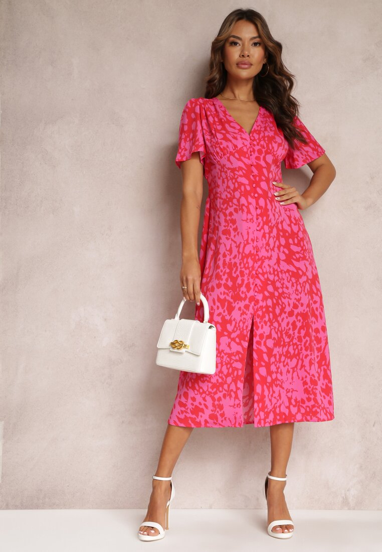 Rochie Midi Roșu-Roz Taliată cu Mânecă Scurtă și Elastice în Talie Zerala