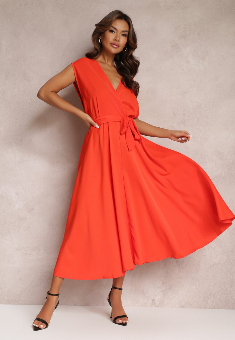 Rochie Evazată Maxi Portocalie cu Decolteu Petrecut și Curea Legată Hallona