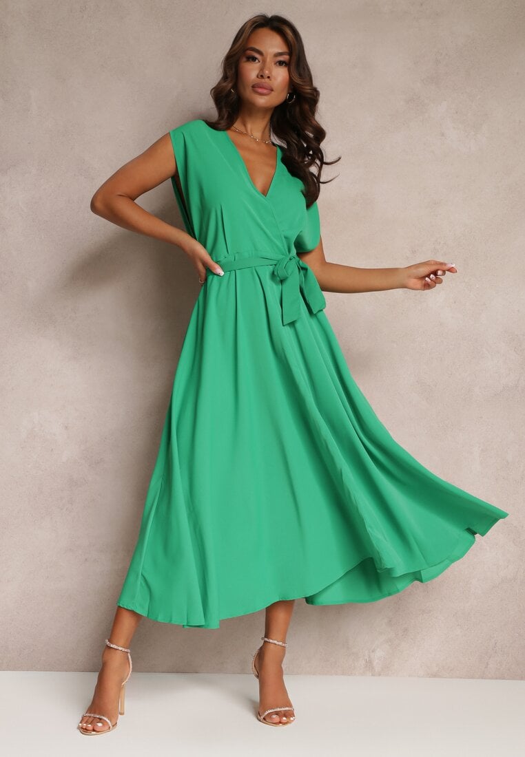 Rochie Rozkloszowana Verde Maxi cu Decolteu Petrecut și Cordon în Talie Hallona