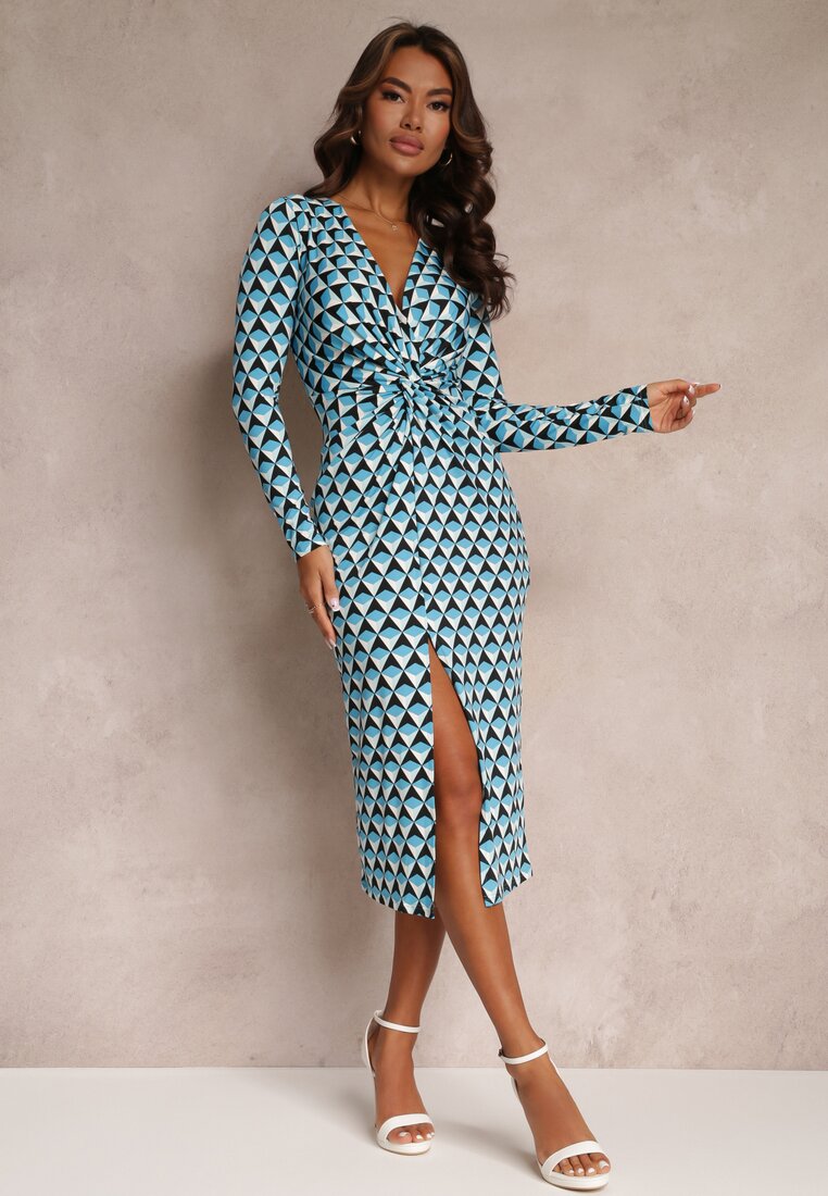 Rochie Albastră Strâmtă cu Decolteu Petrecut și Model Geometric Nohea