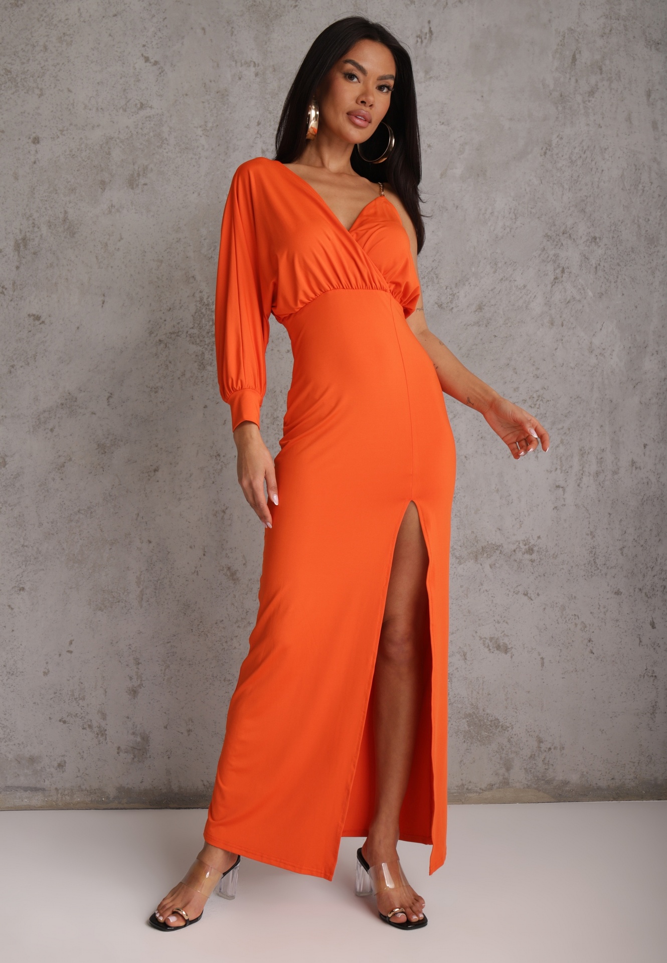 Rochie Asimetrică Portocalie cu Elastic în Talie și Lanț la Umăr Jisse