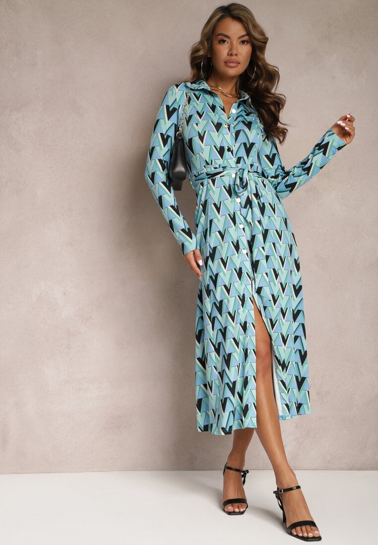 Rochie Albastră Maxi cu curea legată și cu model geometric Annalea