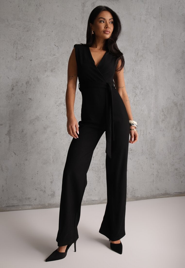 Salopetă Lungă Neagră Legată în talie cu nasturi Pe umeri Amile