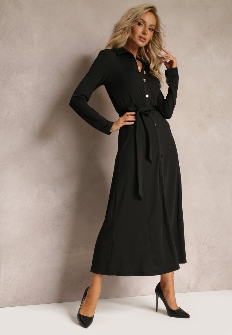 Rochie Cămașă Lungă Neagră cu Cordon în Talie Levae