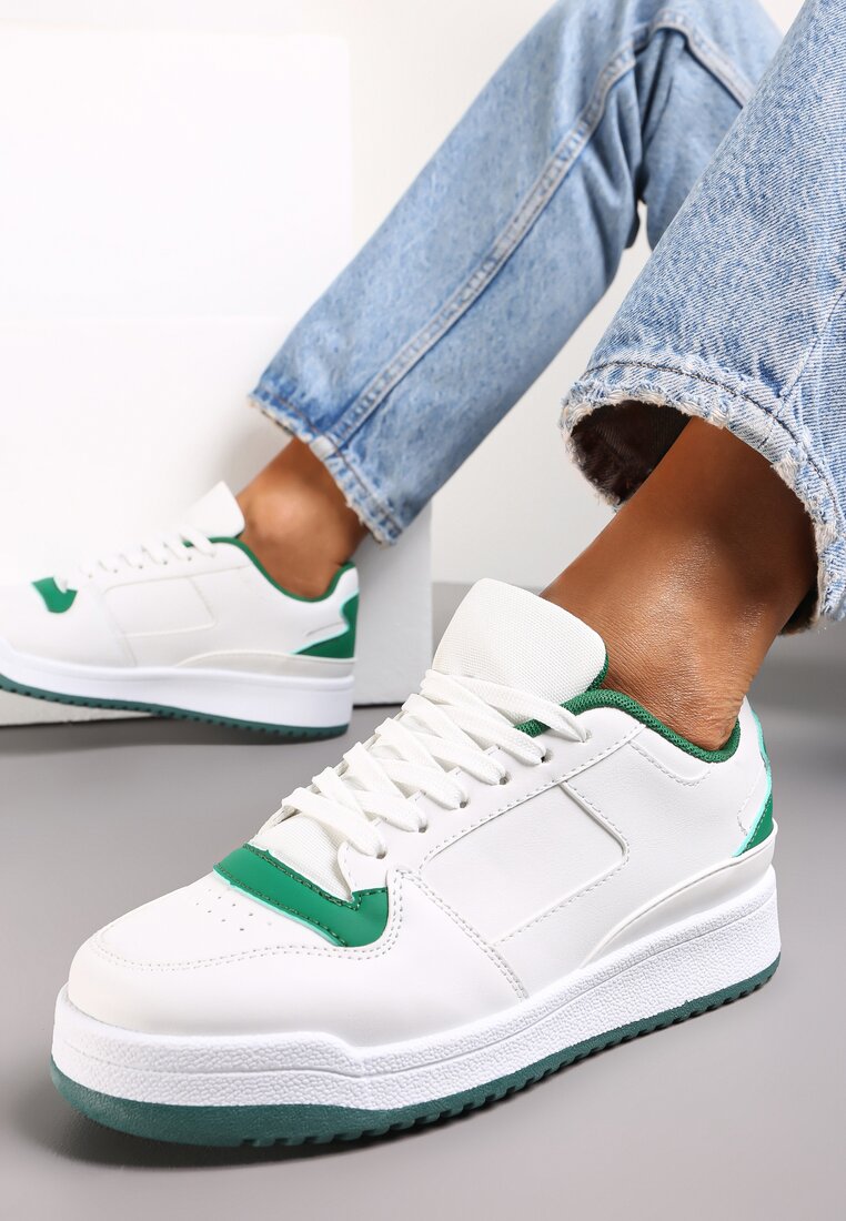 Sneakers Alb-Verde cu Perforație pe Vârf și Inserții pe Contrafort Favisi