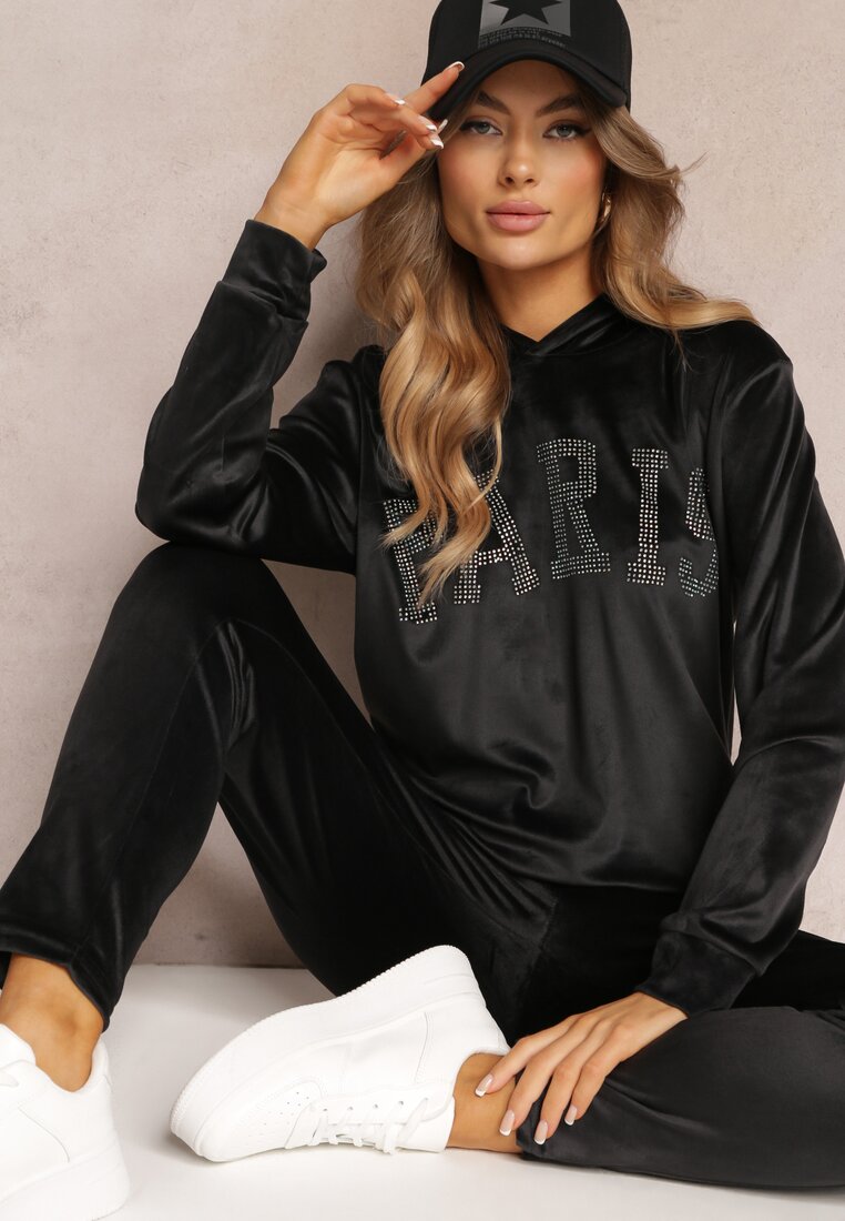 Set de trening negru din 2 piese din velur decorat cu zirconii Feyre