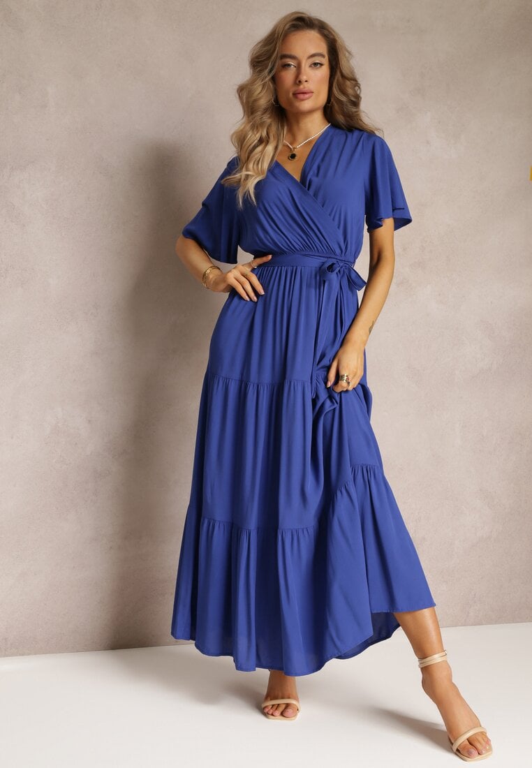 Rochie Bleumarin Evazată Maxi cu Cordon Legat Japhelia
