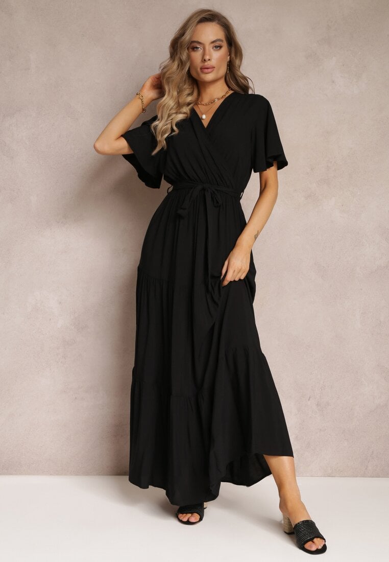 Rochie Neagră Cloș Maxi cu Curea legată Japhelia