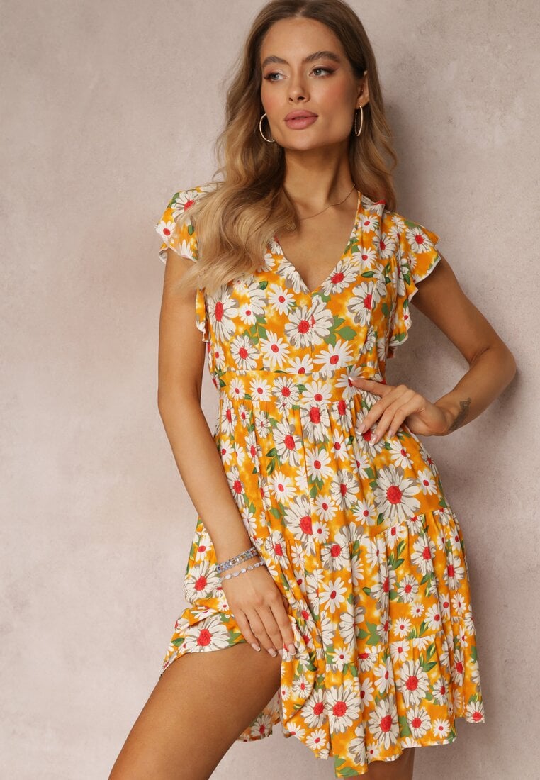 Rochie Mini Galbenă din Viscoză cu Elastic în Talie și Volane Nidi