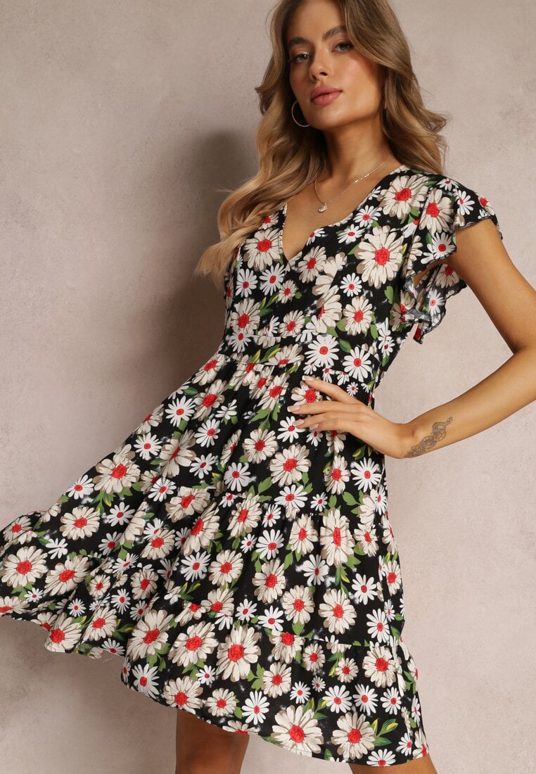 Rochie Neagră Mini din Viscoză cu Elastic în Talie și Volane Nidi