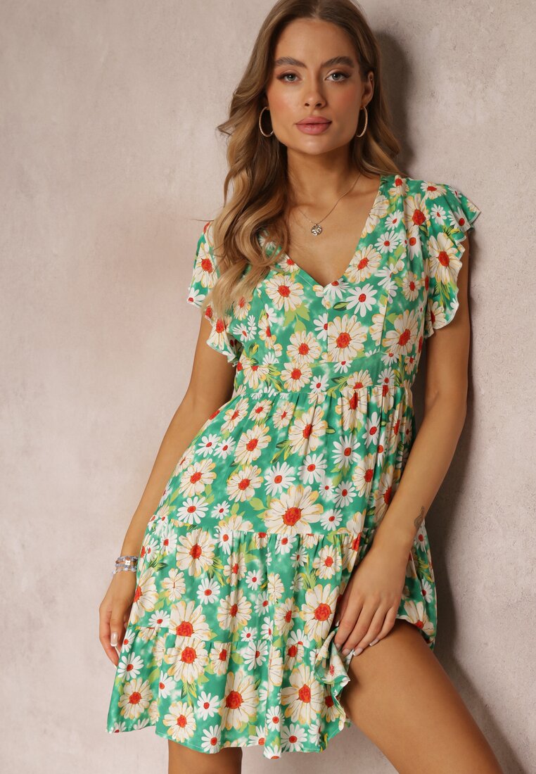 Rochie Mini Verde deschis din Viscoză cu elastic în talie și volane Nidi