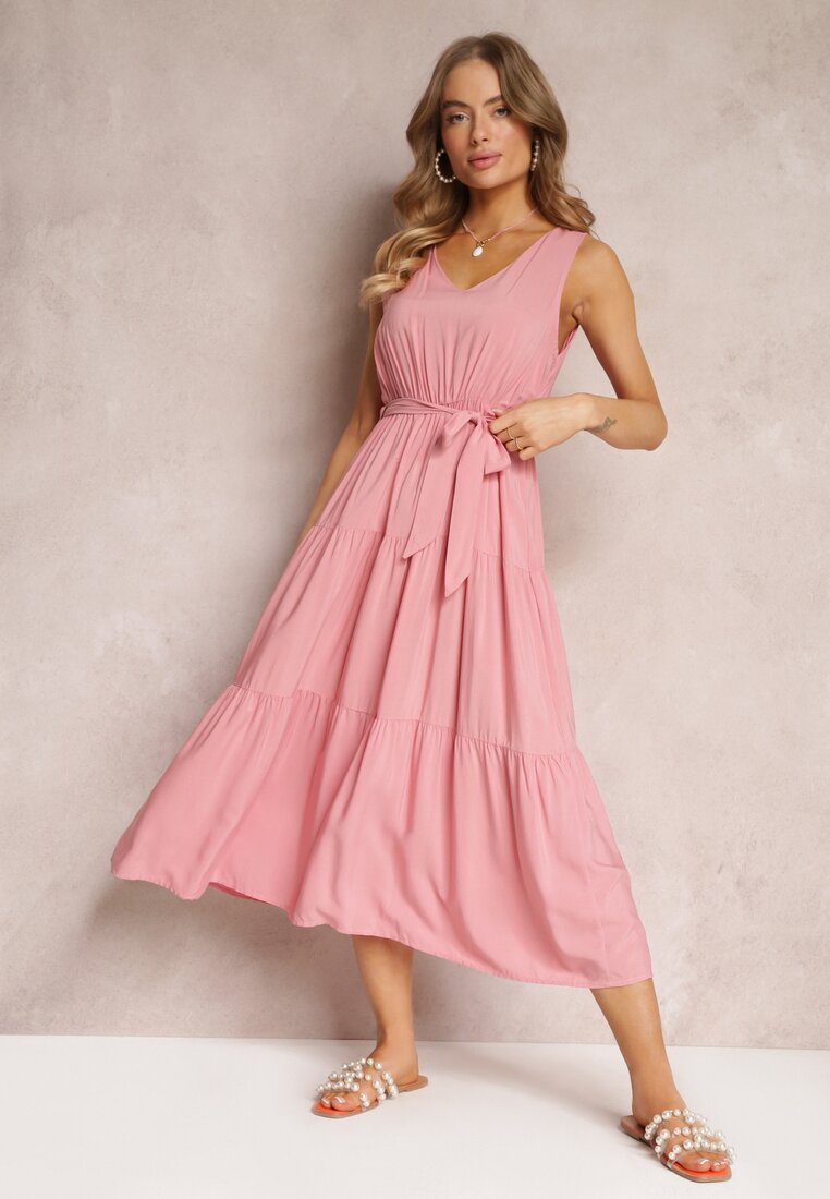 Rochie Midi Roz din viscoză cu elastic în talie și curea din material Bicuh