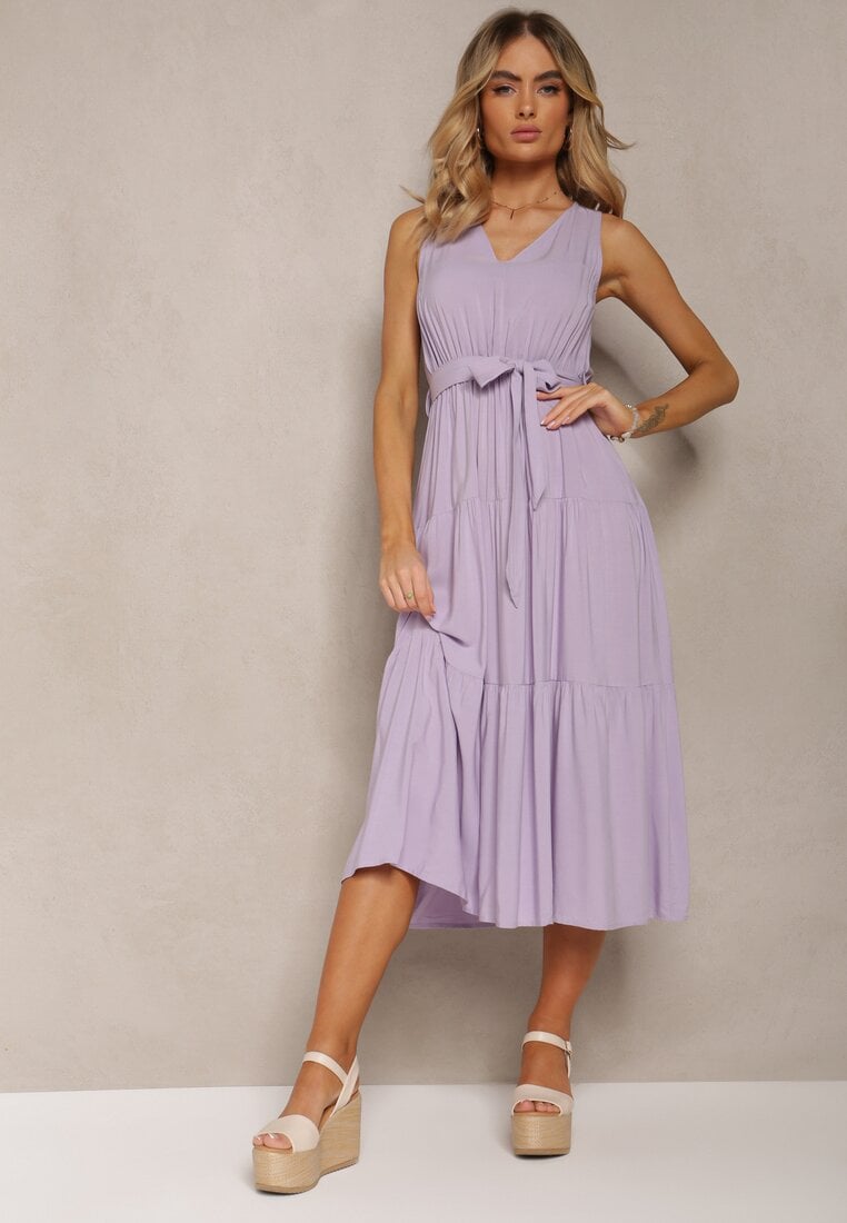 Rochie Midi Violet Vâscoză cu Elastic în Talie și Curea din Material Bicuh