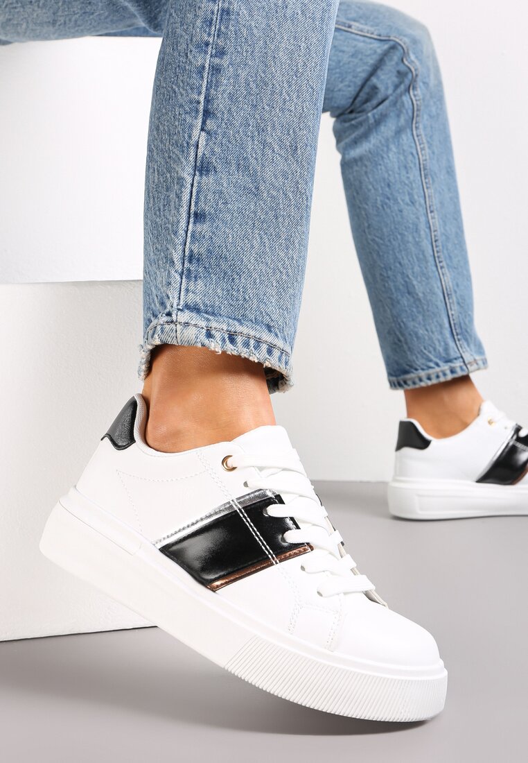 Adidași Alb-Negru pe Platformă Joasă cu Inserții Metalice Tommu