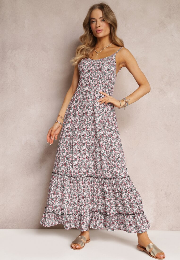 Rochie Maxi Verde-Albă cu Bretele Legate și Volănaș La Bază Krosby