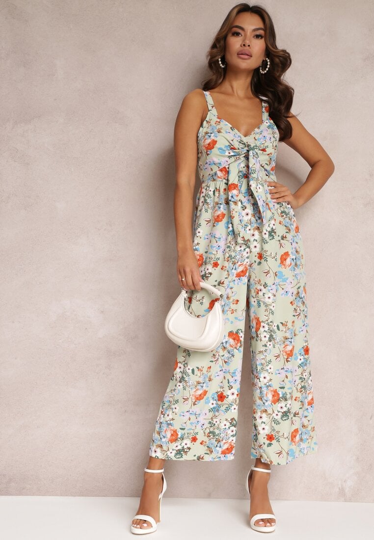 Salopetă verde deschis cu picioare largi și legătură la decolteu Gloryhallo