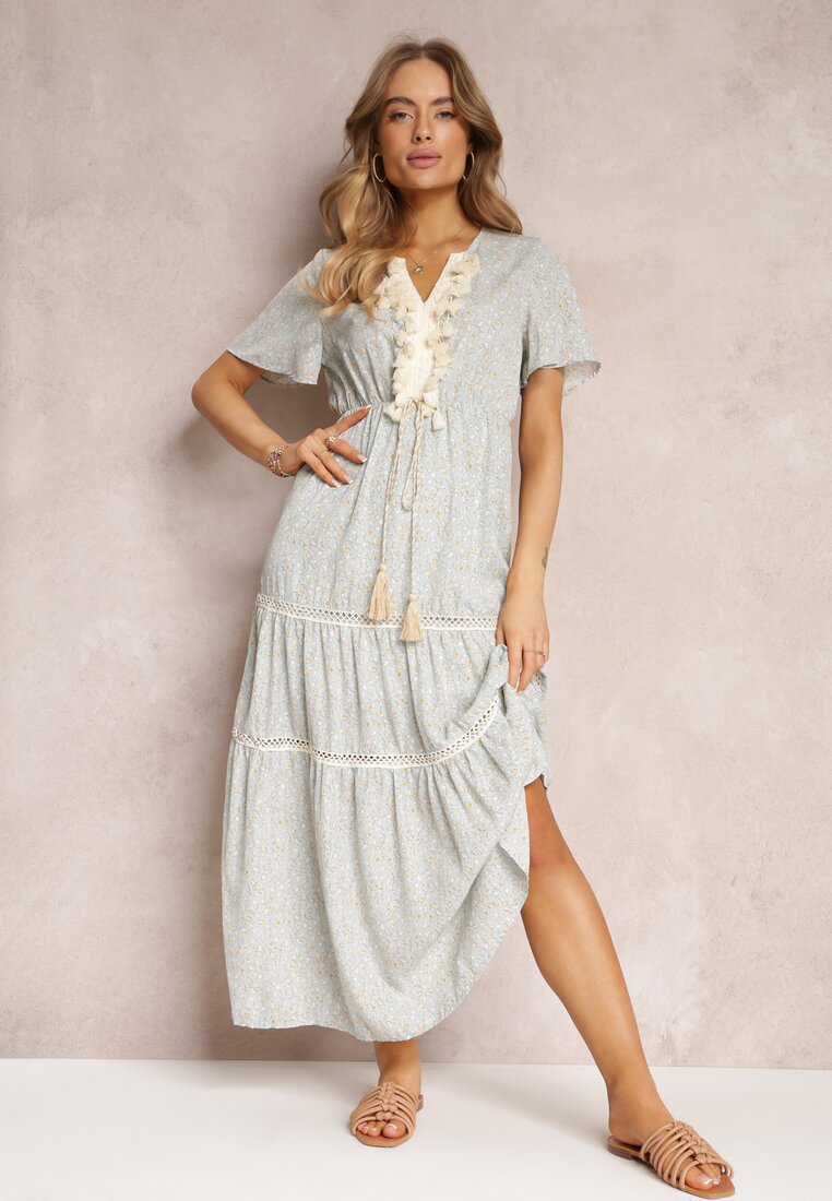 Rochie Albastru deschis Boho cu ciucuri și decorațiuni ajurate Poniti