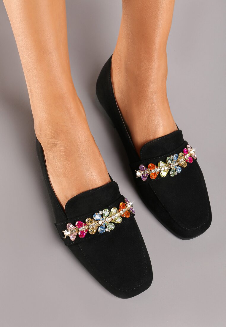 Mocasini Negri cu Talpă Plată și Ornament din Cristale Peneda