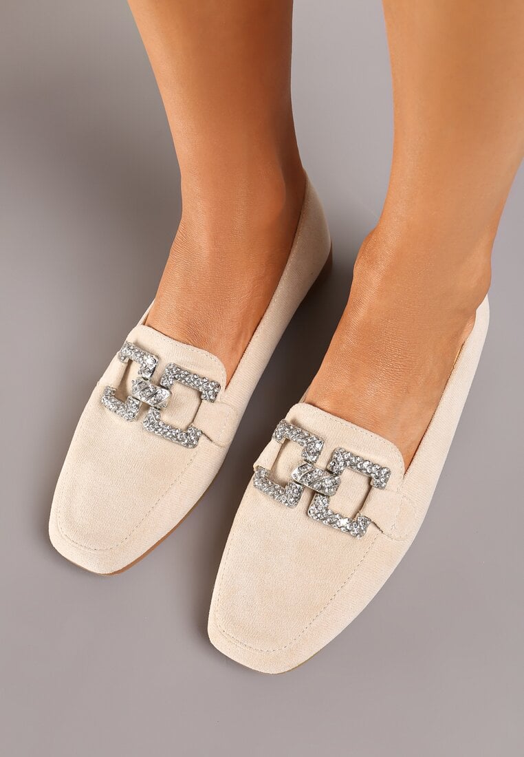Mocasini Bej cu Cataramă cu Zirconii Bile