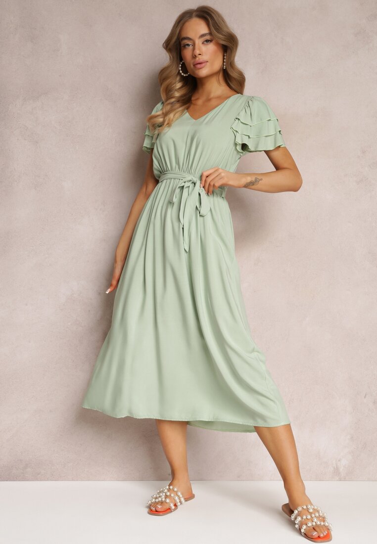 Rochie midi Verde deschis din Viscoză cu Elastic în Talie și Curea din Material Textil Aricia