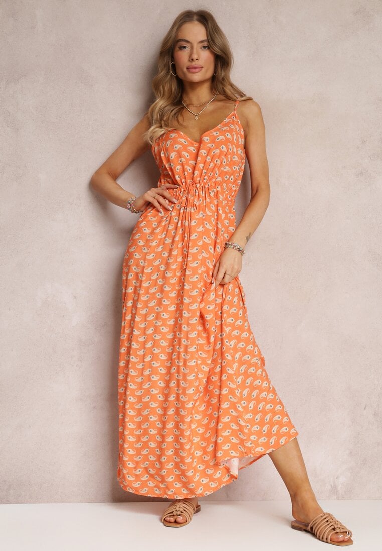 Rochie Maxi Portocalie cu Bretele din Viscoză Satha