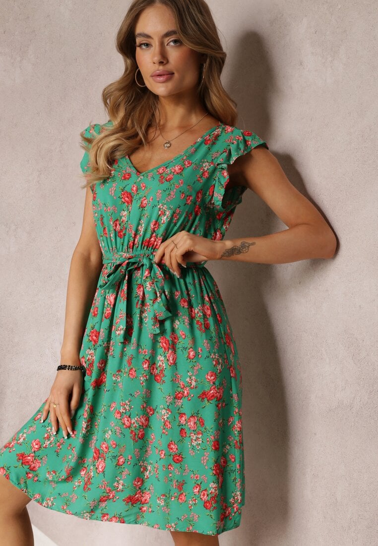 Rochie Verde cu elastic în talie din viscoză cu flori Chrysa