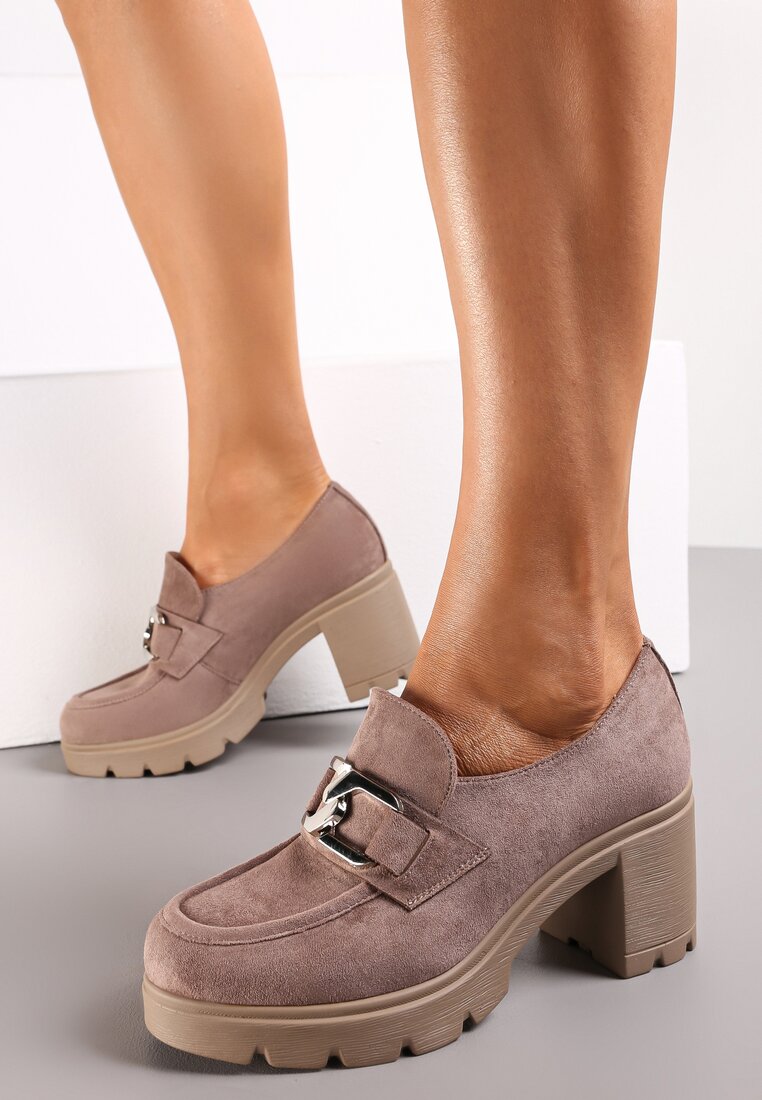 Pantofi Bej închis pe Platformă și Toc Decorați cu Cataramă Cynalline