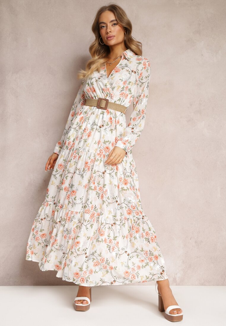 Rochie Maxi Albă cu Curea Împletită și Elastic în Talie Florală Elanisa