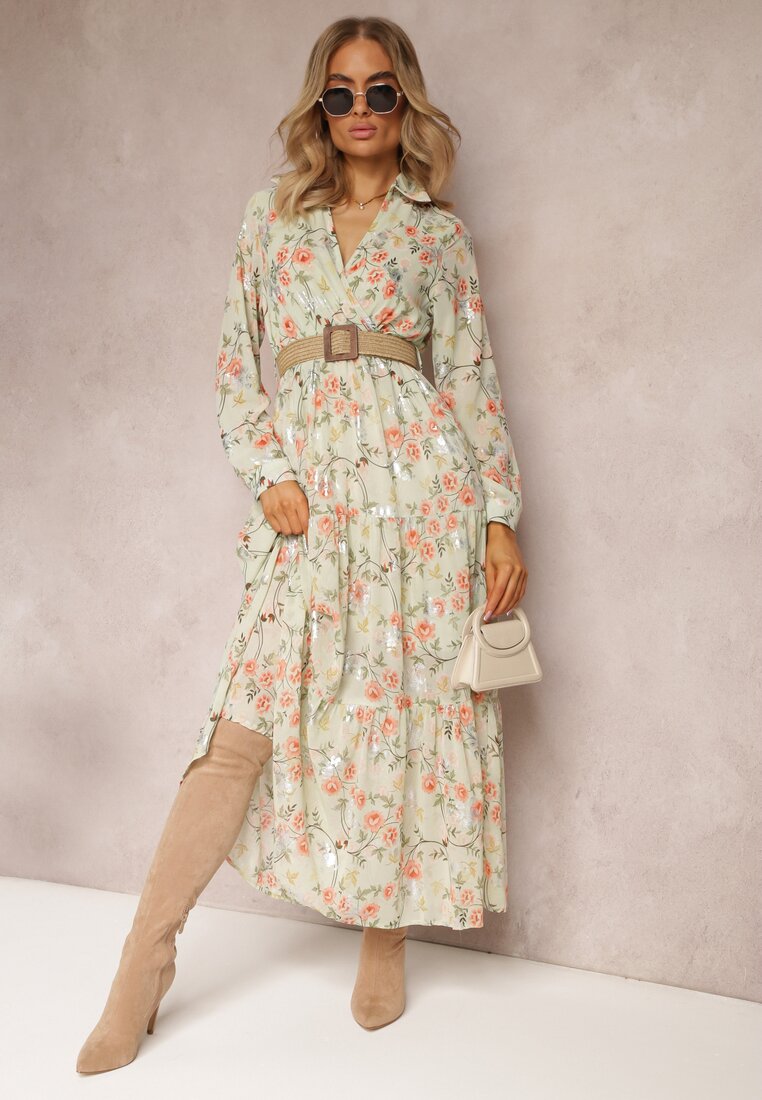 Rochie maxi Mentă cu curea împletită și elastic în talie cu flori Elanisa