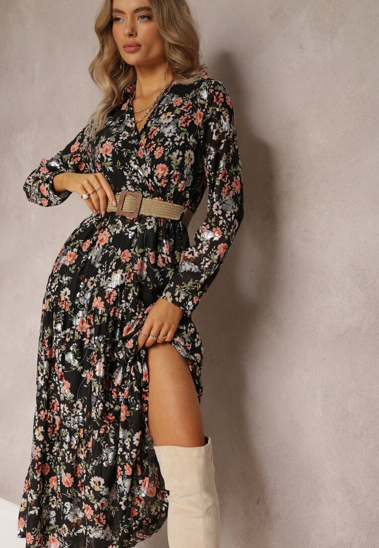 Rochie Neagră Maxi cu Curea împletită și Elastic în Talie Floral Elanisa