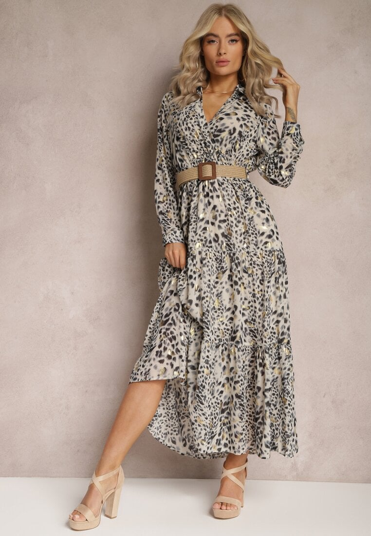 Rochie Gri cu Pete cu Elastic și Curea Împletită în Talie Vaneteia