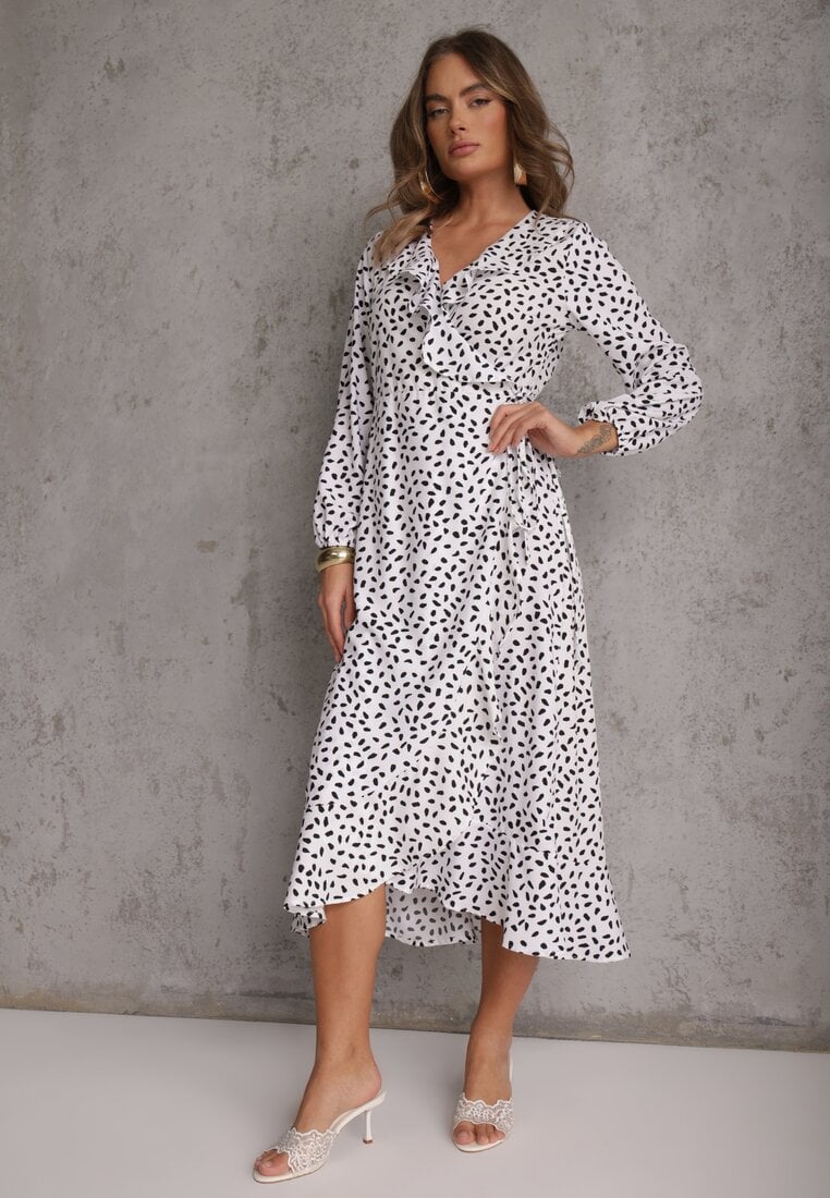 Rochie Tip petrecut Midi Albă cu Volane și Model cu buline Averyterry